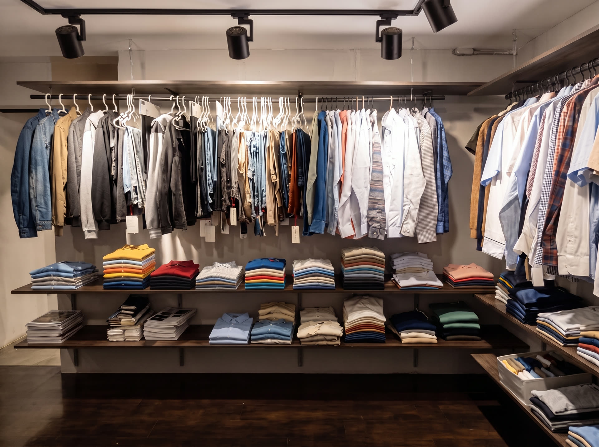 Showroom de Telicolor en Lince: pared de camisas bajo luces de riel